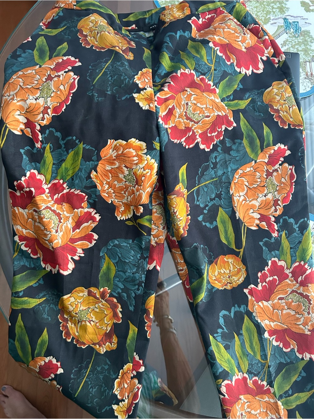Natori Black Floral Pants with Orange & Red Blooms